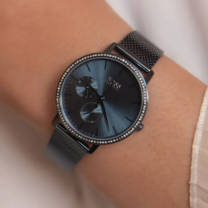 1502518 hugo boss watch women crystals blue dial metal stainless mesh strap quartz battery analog three hand infinity 11