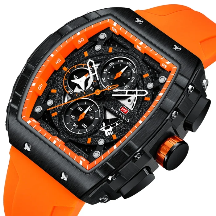 mf0399g 01 mini focus watch for men black dial rubber orange strap quartz battery square analog chronograph 2