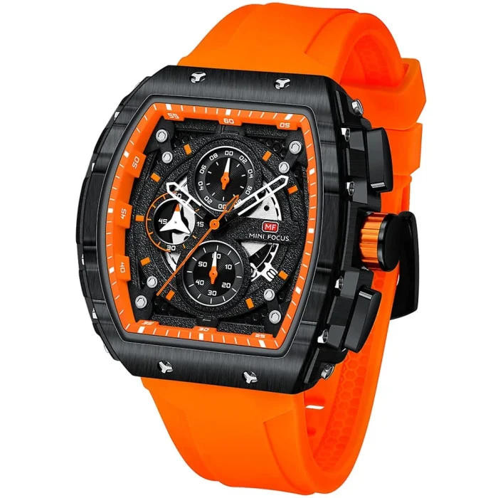 mf0399g 01 mini focus watch for men black dial rubber orange strap quartz battery square analog chronograph 3