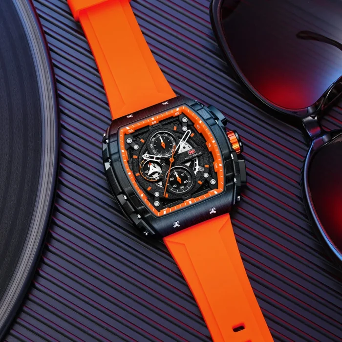 mf0399g 01 mini focus watch for men black dial rubber orange strap quartz battery square analog chronograph 4