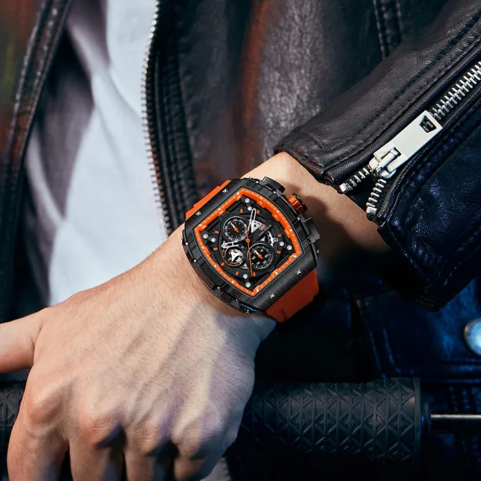 mf0399g 01 mini focus watch for men black dial rubber orange strap quartz battery square analog chronograph 5