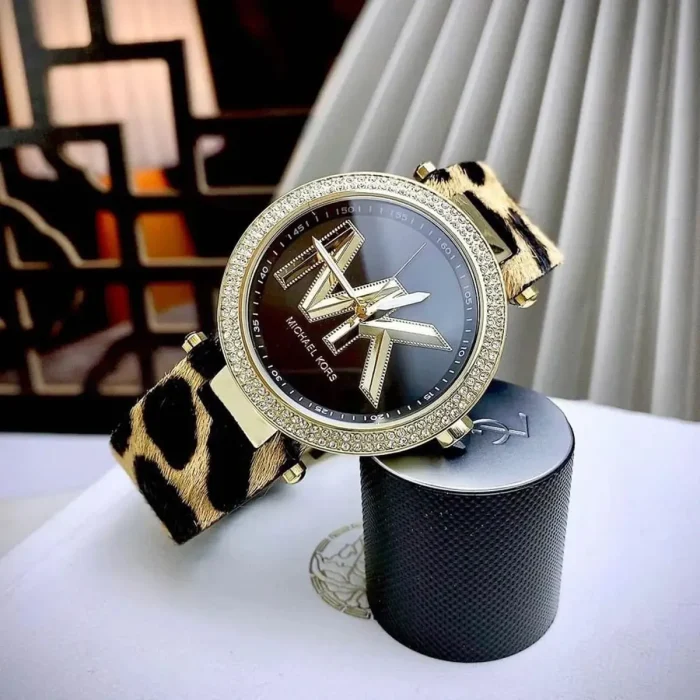 mk4723 michael kors watch women mk logo crystals black dial leather multicolored strap quartz battery analog three hand parker 10