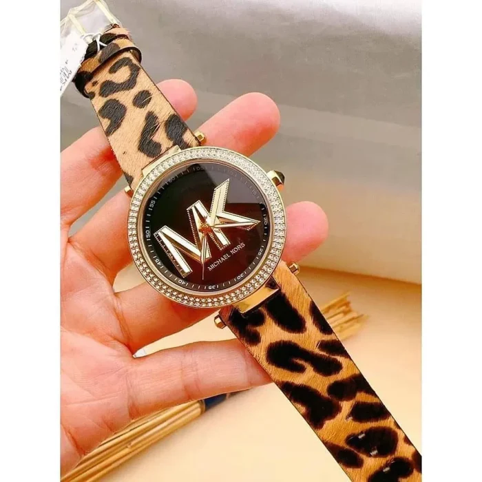 mk4723 michael kors watch women mk logo crystals black dial leather multicolored strap quartz battery analog three hand parker 11