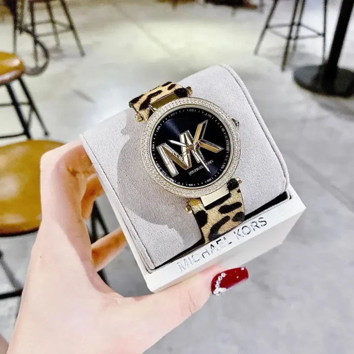 mk4723 michael kors watch women mk logo crystals black dial leather multicolored strap quartz battery analog three hand parker 17