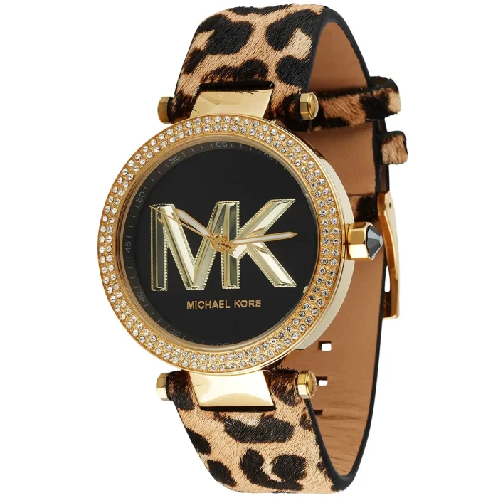 mk4723 michael kors watch women mk logo crystals black dial leather multicolored strap quartz battery analog three hand parker 2