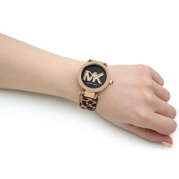 mk4723 michael kors watch women mk logo crystals black dial leather multicolored strap quartz battery analog three hand parker 7