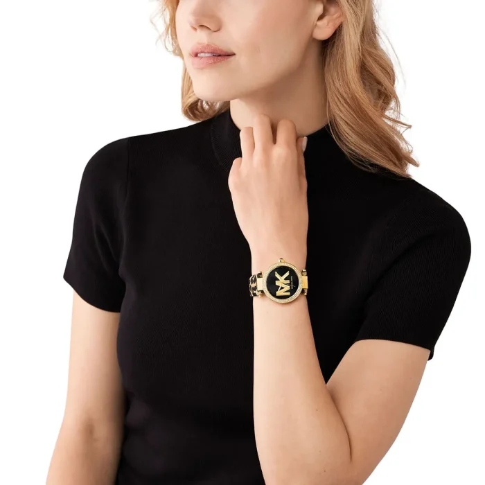mk4723 michael kors watch women mk logo crystals black dial leather multicolored strap quartz battery analog three hand parker 8