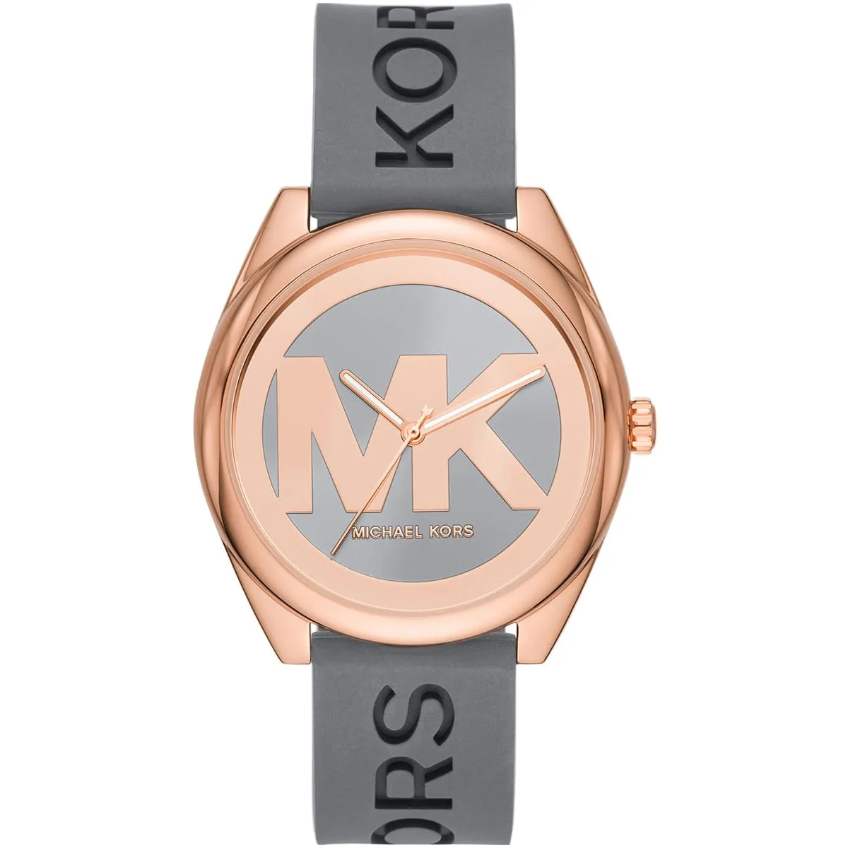 mk7314 michael kors watch women mk logo gray dial rubber grey strap quartz battery analog three hand janelle