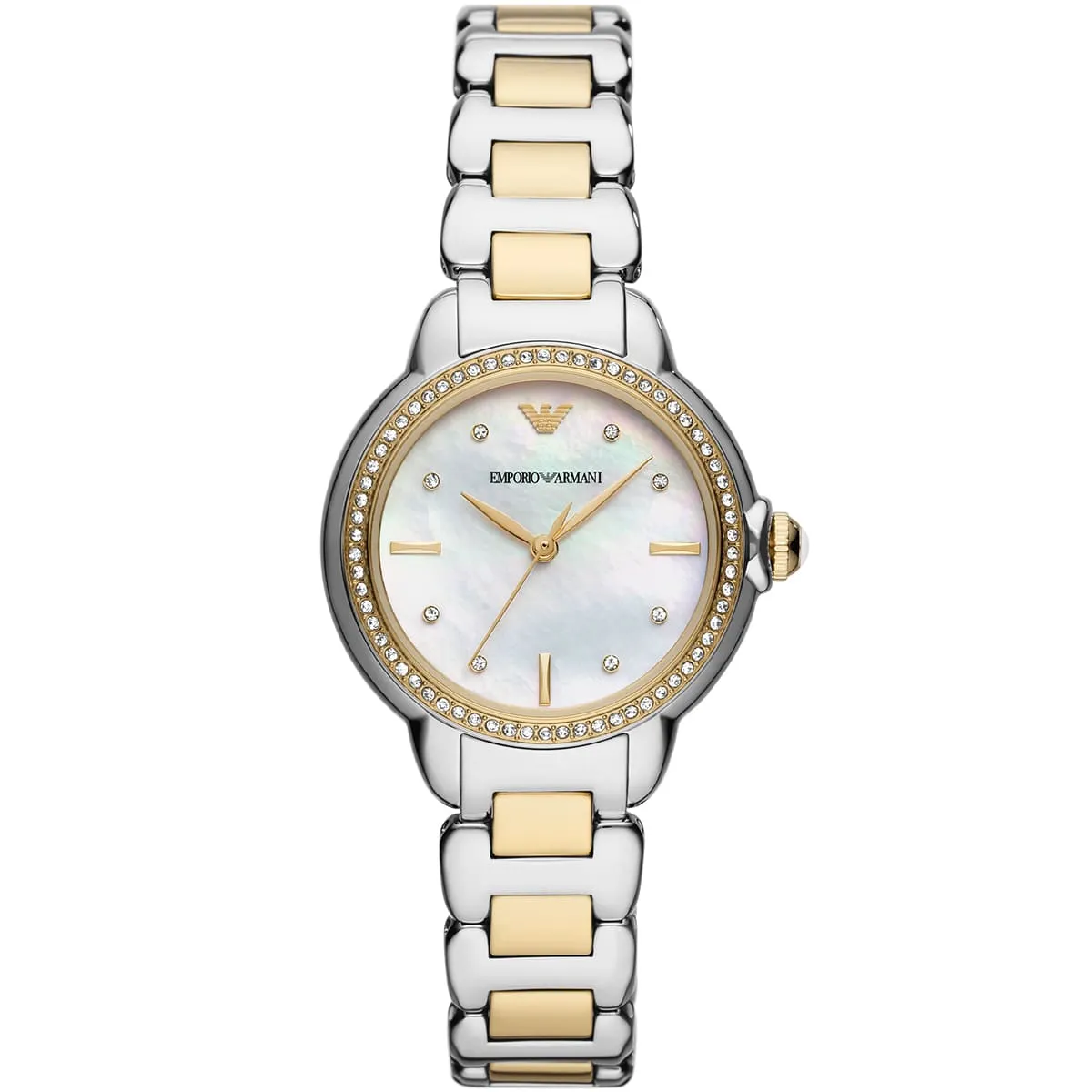 ar11524 emporio armani watch women mother of pearl white dial stainless steel metal silver gold strap quartz battery analog mia