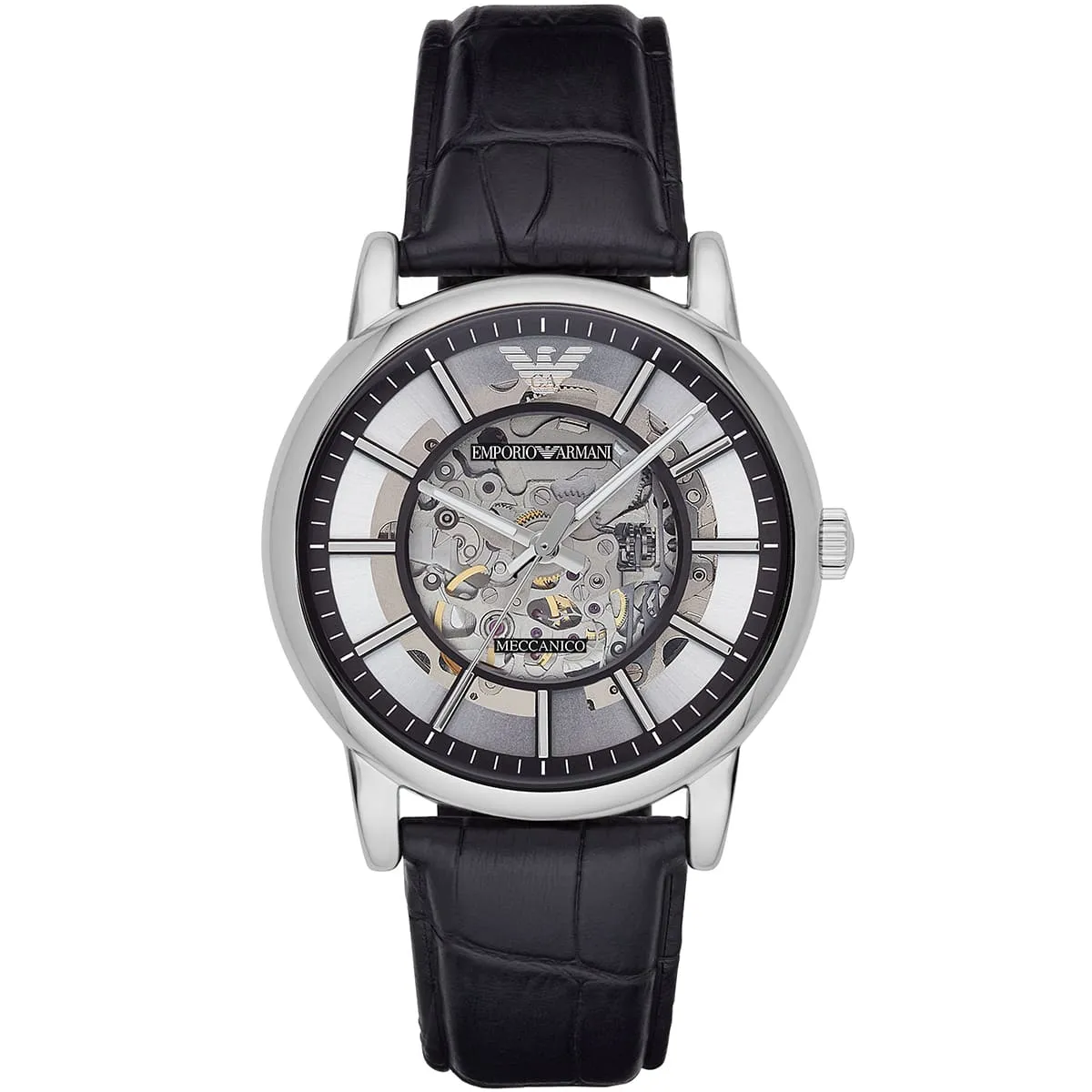 ar1981 emporio armani watch meccanico men silver dial leather black strap automatic analog luigi