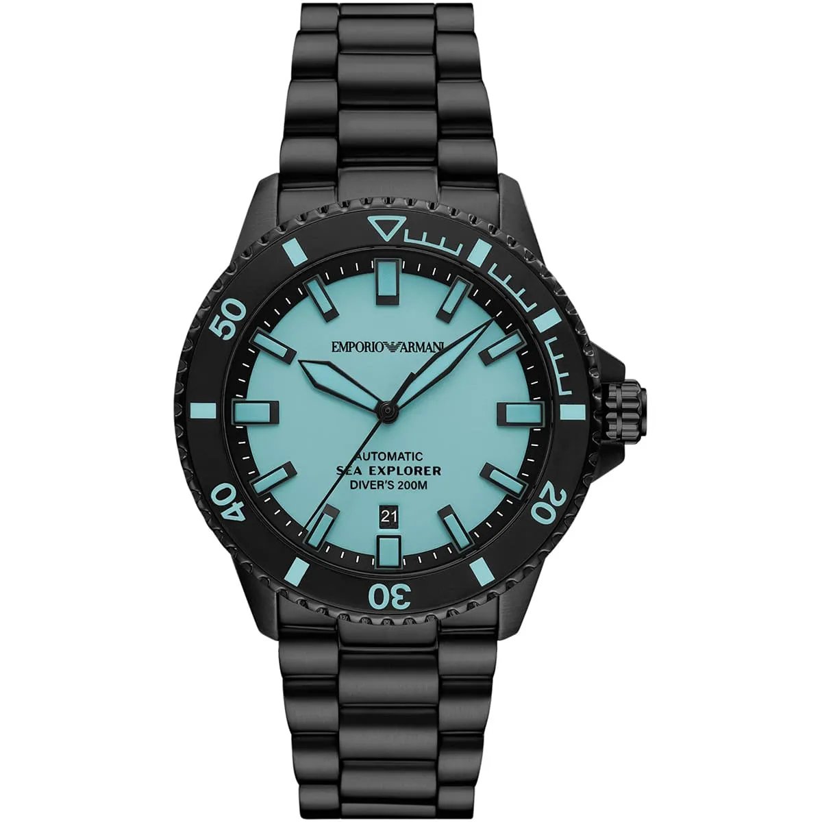 ar60084 emporio armani watch automatic sea explorer divers 200m men blue dial metal stainless steel black strap analog