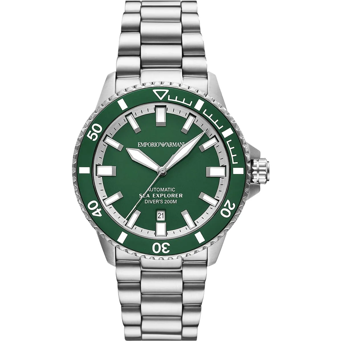 ar60088 emporio armani watch automatic sea explorer divers 200m men green dial metal stainless steel silver strap analog