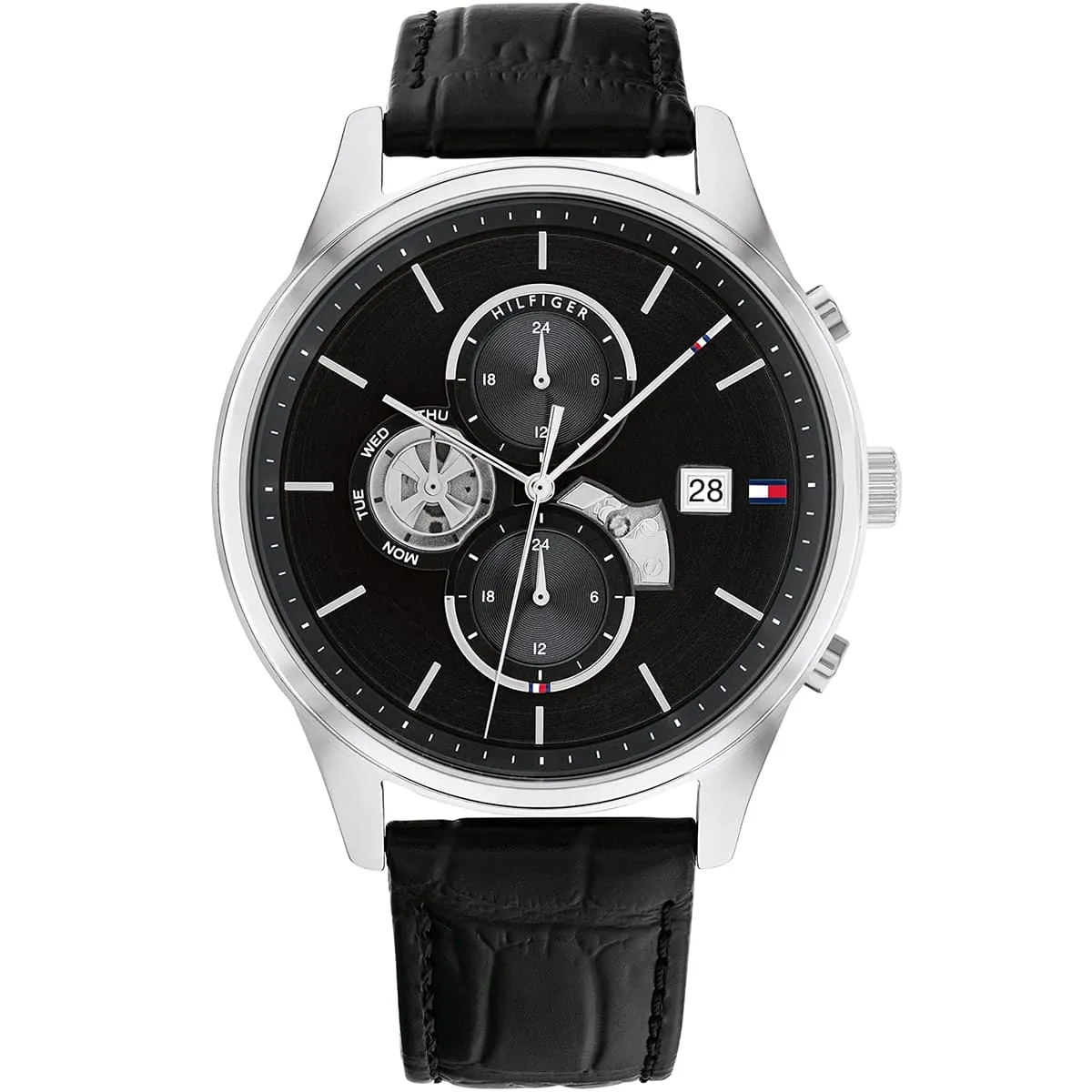 1710502 tommy hilfiger watch men black dial leather strap quartz battery analog weston