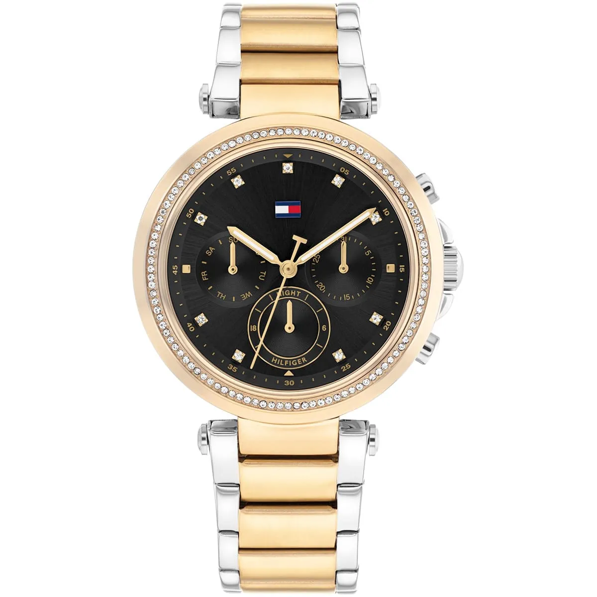 1782702 tommy hilfiger watch women crystals two tone black dial metal stainless steel silver gold strap quartz analog emily
