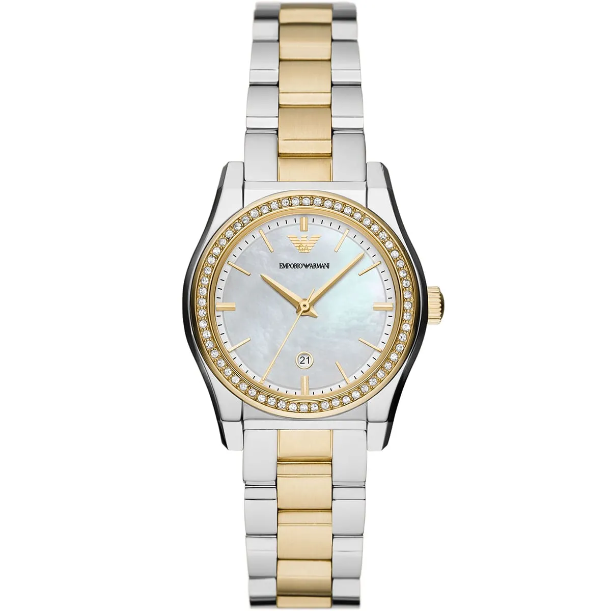 ar11559 emporio armani watch women crystal silver dial stainless steel metal gold strap quartz battery analog